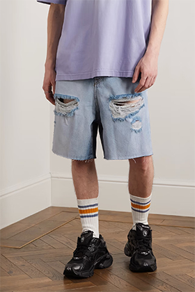 V Oversized Distressed Denim Shorts
